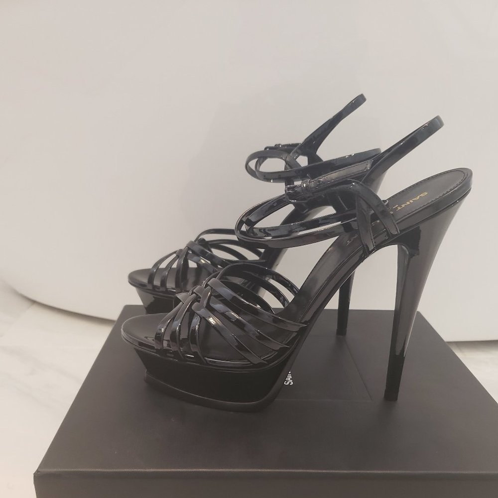 YSL Tribute 105 Caged Patent Leather Sandals